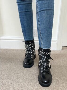 Zara Black Studded Lace-Up Combat Boots